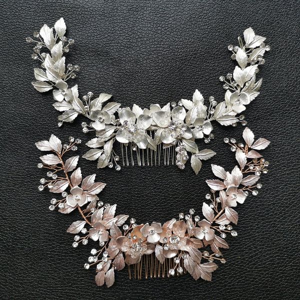

slbridal handmade wired rhinestones crystals flower leaf long wedding hair comb bridal headband hair accessories women jewelry, Golden;silver