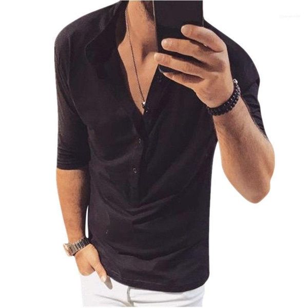 

mens casual v neck mens apparel fashion solid color mens tshirts stand collar half sleeve, White;black
