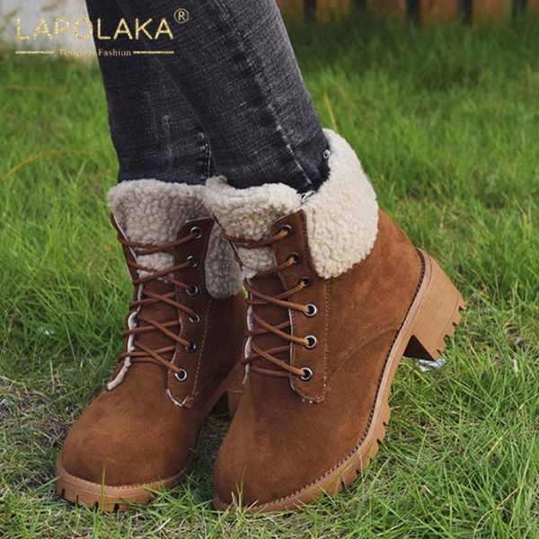 

lapolaka 2020 new arrivals british style add fur warm winter boots woman shoes thick heels comfortable shoes ladies boots, Black