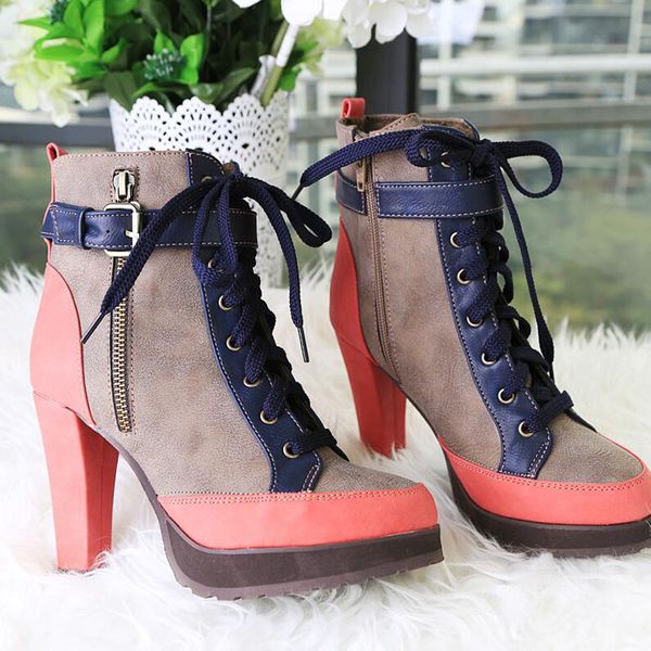 

2020 new fashion platform women winter short boots high heels woman ladies casual shoes lace-up multicolor snow boots bb-98, Black
