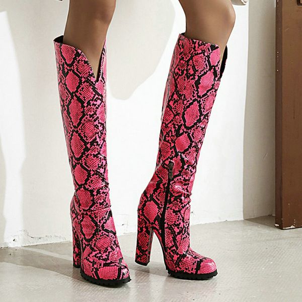 

winter women boots thick heel round head snake print pu leather side zipper polar fleece non-slip soles ladies shoes super high, Black