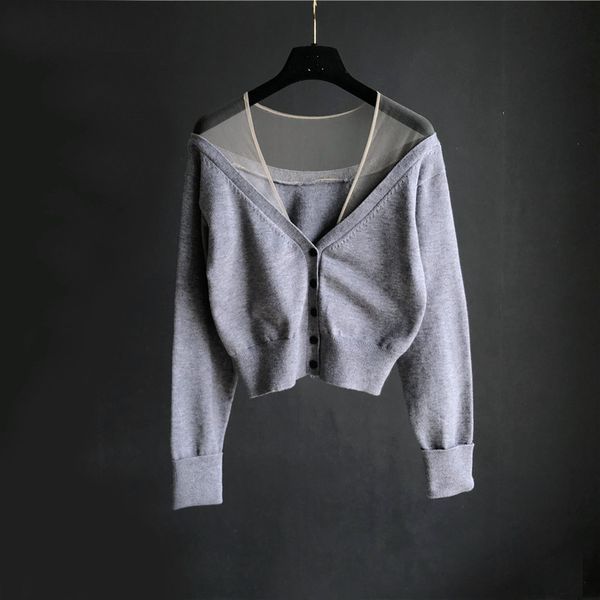 

European autumn New design women's sexy v-neck gauze mesh patchwork perspective single breasted long sleeve short knitted sweater cardigan