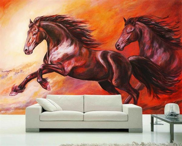 Carta da parati fotografica 3D Murale Cavallo sudato rosso Sfondo moderno europeo e americano Pittura murale Carta da parati personalizzata con animali 3D