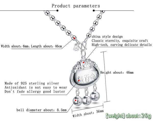 

retro solid silver lock pendant.fashion woman long silver necklace.charm lady 6 mm86 sterling round bead chain.jewelry