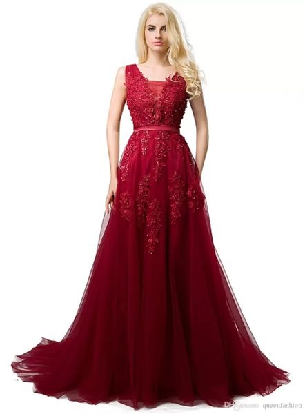 

2020 real burgundy prom dresses v neck sleeveless a line floor length appliques lace with pearl soft tulle evening graduation dresses, Black