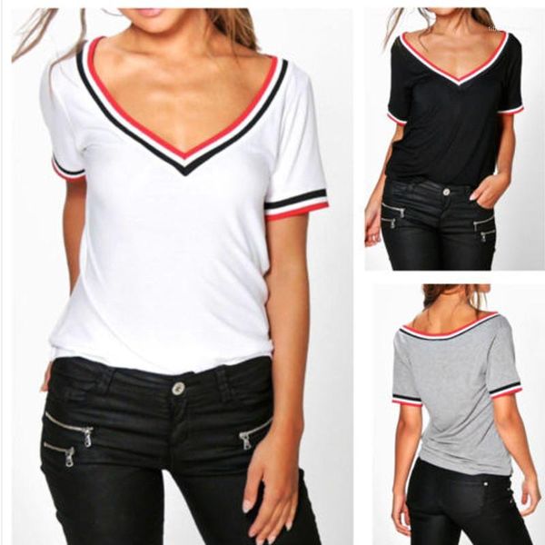 

loose v neck short sleeve casual tees brief ol style womens striped solid color womens designer tshirts, White