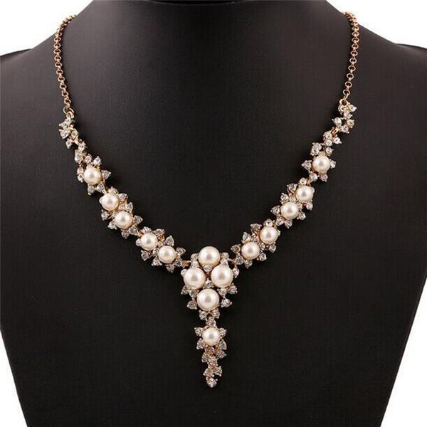 

pinksee sweet elegant imitate pearl rhinestone long chain choker women bridal luxury delicate crystal clavicle jewelry, Golden;silver