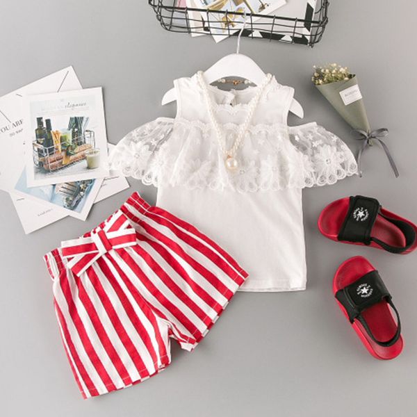 

girls clothes set new lovely baby girl's summer clothing set white lace shirt and red striped shorts children sundress