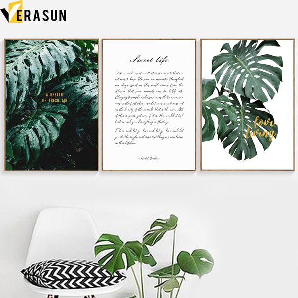 

green plant leaves monstera life quotes wall art canvas painting nordic posters and prints wall pictures for living room decor