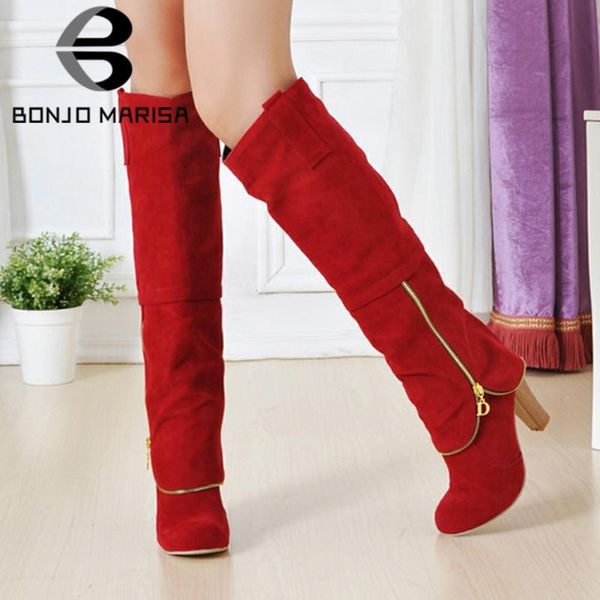 

bonjomarisa элегантная девушка твердая круглый toe zipper высокие каблуки зимы flock середина теленок сапоги женщины мода металл обувь женщи, Black