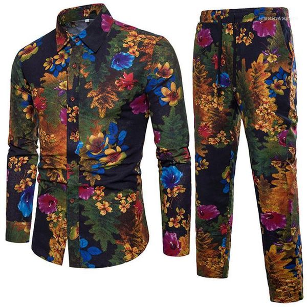 

tracksuits mens floral shirt suit long sleeve lapel neck single breasted shirts lace up trousers male, Gray