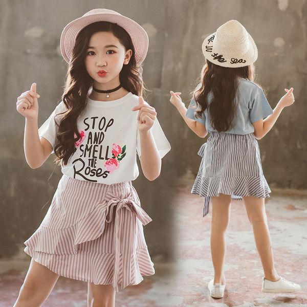 

children kids baby girls letter floral rose tee stripe bind skirt outfits, White