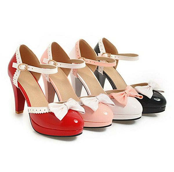 

sweet girls pumps bowknot women's high heels clunwear shoes buckle round toe, Black