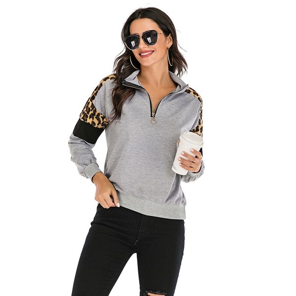 

2020 autumn and winter women's casual thin leopard print long-sleeved zipper stitching sweater, Black