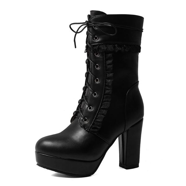 

крупногабаритные lace строчка pu толстая heeled супер высоких каблуках среднего теленок сапоги 2020 осень / зима поперечные планки boots нес, Black