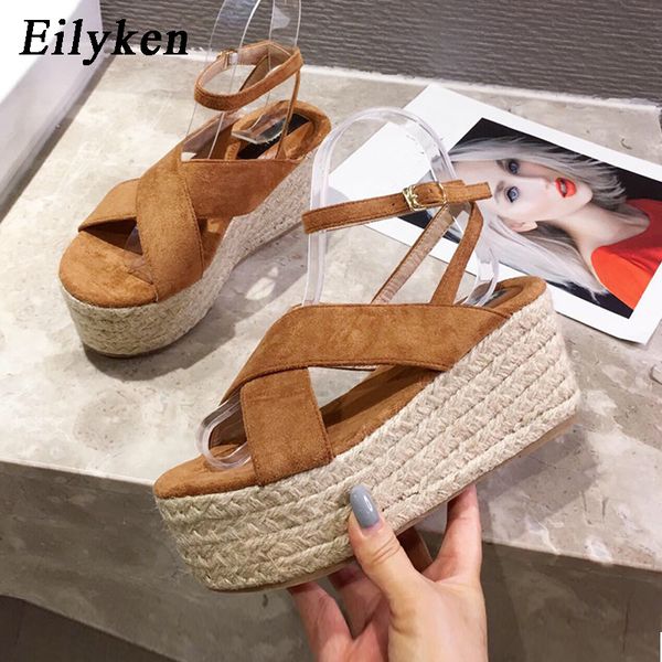 

eilyken rome fashion cane weave platform wedges sandals summer ankle buckle strap women high heels open toe casual shoes, Black