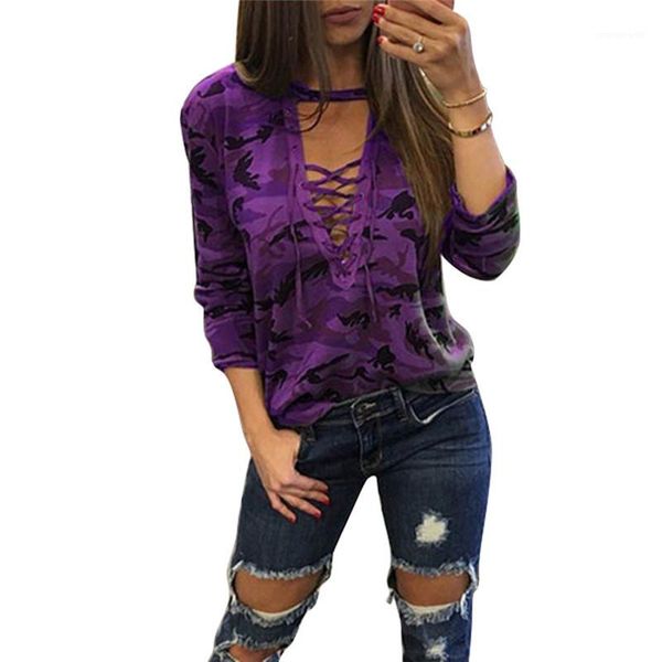 

camouflage pattern hollow out casual v-neck long sleeve t shirts womens clothing women t shirts fashion, White