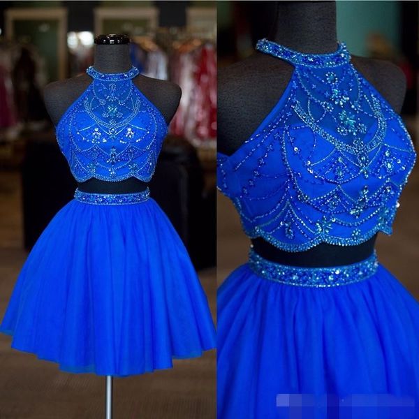 

Luxury Beading Royal Blue Two Piece Homecoming Dresses Tulle A Line Jewel Neck Sleeveless Crystal Cocktail Party Ball Gown