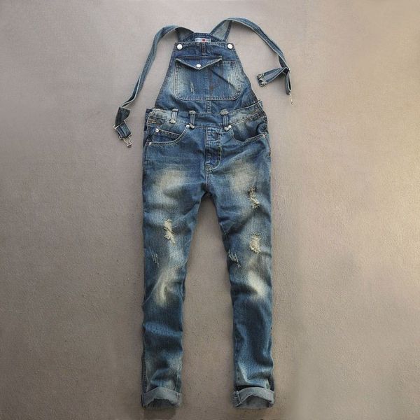 

men's cool ripped hole blue denim overalls mens denim jumpsuit bib pants suspenders trouser for man long straight jeans for male