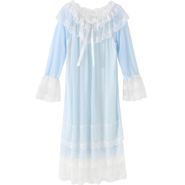 

casual dresses sweet princess style nightdress summer womens pajamas loose dress long sleeve lace ruffles mesh nightclothes vestidos, Black;gray