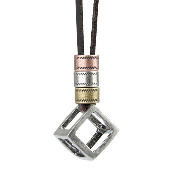 

punk rock style cube necklace cool hollow cube pendant vintage leather necklace jewelry erkek kolye for men women, Silver