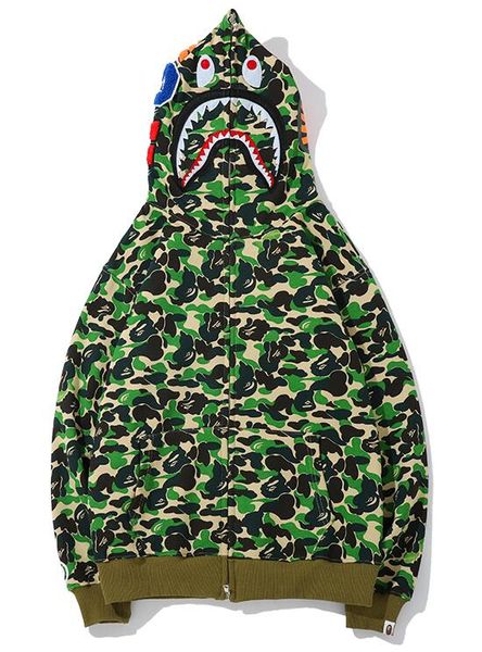 

19ss new pattern hoodie men's a bathing aape ape shark hooded hoodie coat camo full zip jacket camouflage hoodies, Black
