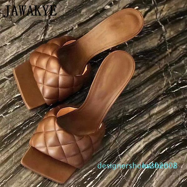 

new square toe high heel slippers women rhombus genuine leather runway shoes woman purple coffee red lady mules party shoes at02 d08, Black