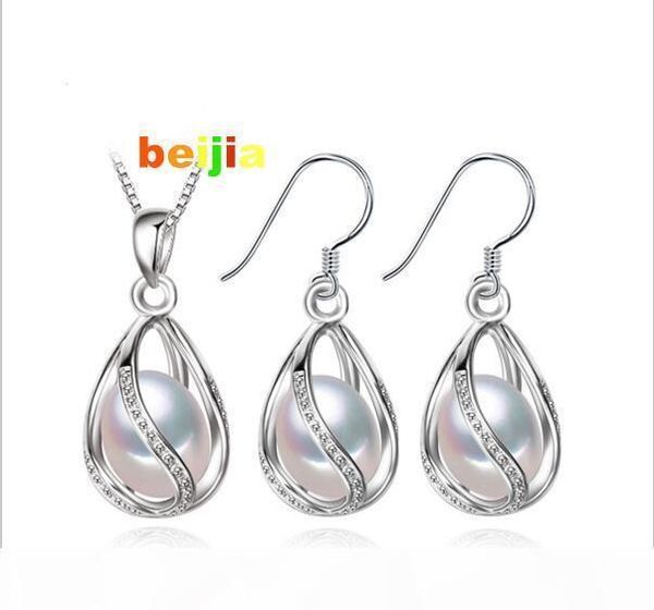 

бесплатная доставка цветок pearl клетка комплект ювелирных изделий, ожерелье естественной перлы кулон и серьги стержня, природных серьги для, Silver