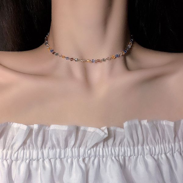 

lureen colorful square beads choker necklace for women gold alloy metal charm handmade clavicle collars chain jewelry, Silver