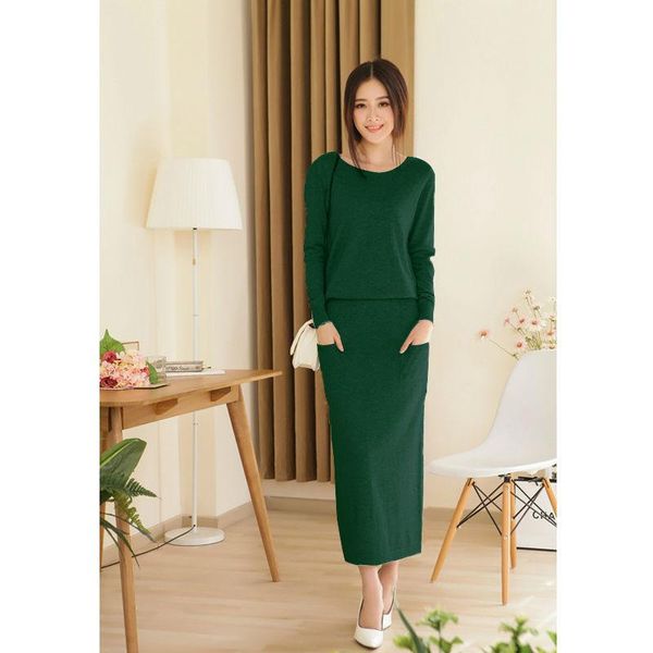 

2020 new spring and autumn female round neck floor-length cashmere sweater one-piece dress casual solid sheath cute women, Black;gray