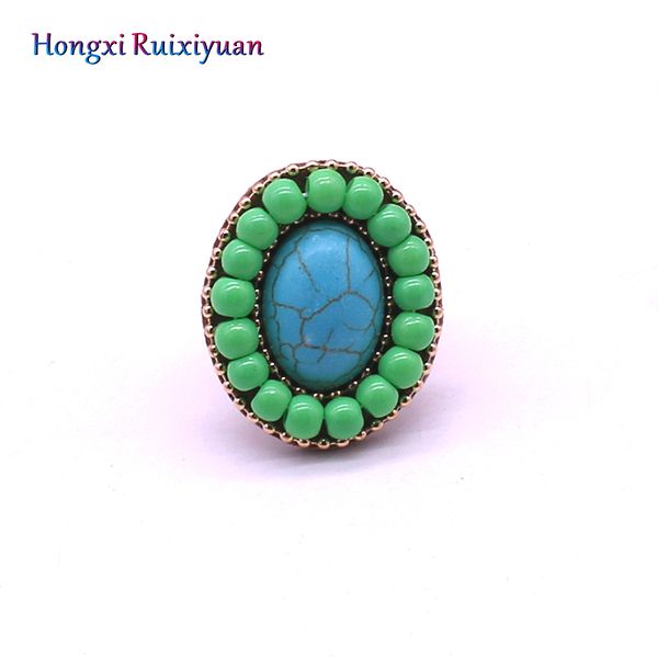 

fashion ring bohemian handmade beaded crystal adjustable lady ring charm geometric oval stone jewelry gift, Golden;silver