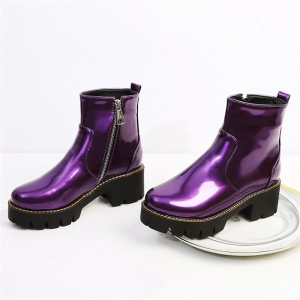

patent leather punk combat boots for women candy color purple yellow chunky thick heel, Black
