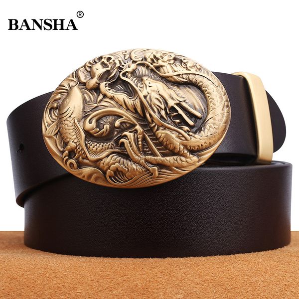 

belt for men 100% good quality cowskin genuine leather men's belts vintage strap male solid brass smooth buckle waistband, Black;brown