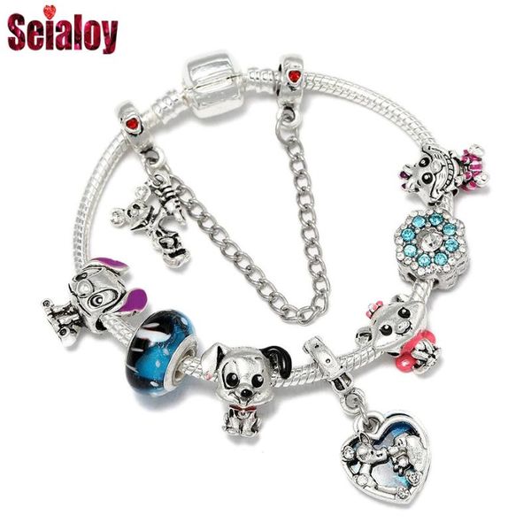 

seialoy anime lady & tramp charm bracelets for girl boys original animal cat dog stitch beaded girl boys kids bracelet gift, Golden;silver