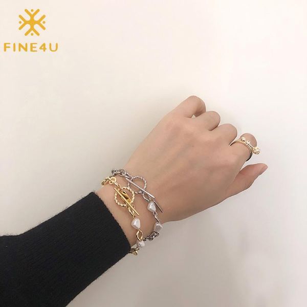 

fine4u b413 natural freshwater pearl bracelet for women vintage stainless steel link chain bracelet, Black