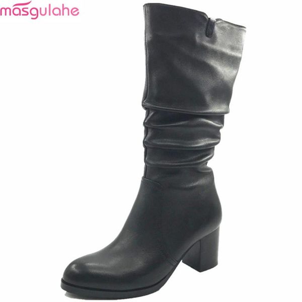 

masgulahe size 37 women boots round toe genuine leather boots winter knee high square heels snow ladies shoes, Black