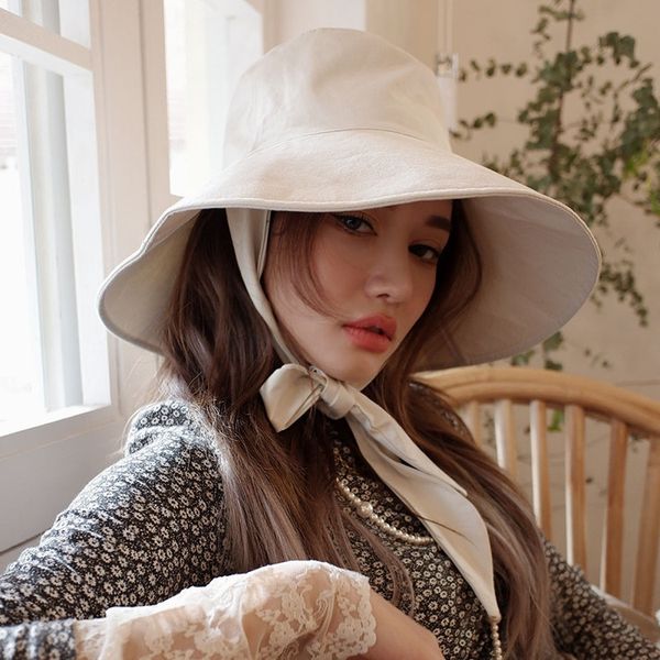 

корейский ins ветер хлопок и льняная шнуровка большой брим fisherman hat женский летняя солнцезащитный sunbonnet все матч бассейн, Blue;gray