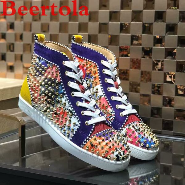 

leather men's sneakers high casual shoes men graffiti mixed color full spikes flats male round toe leisure chaussures sport, Black