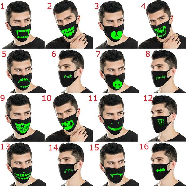 Cartoon Black Mouth Mask Anti Dust Unisex Face Mouth Muffle Halloween Luminous Skull Face Mask per Cosplay Glow in dark