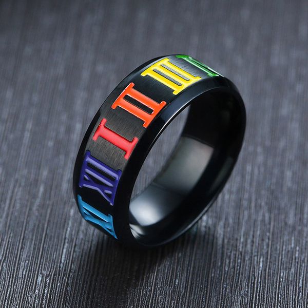 

zorcvens 2020 new 8mm black ring with rainbow roman numeral numbers stainless steel wedding band gay ring for men woman, Golden;silver
