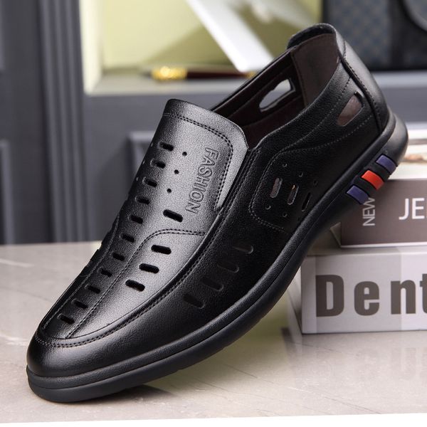 

leather shoes summer hollowed-out leisure men earth holes without belt non-slip flat heel perforated leather shoes, Black