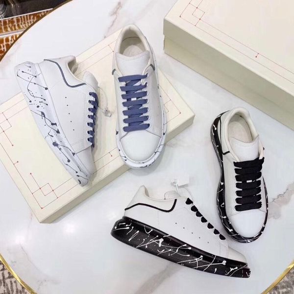 

white graffiti designer shoes luxury oversized men handwriting leather designer sneakers for women with wide painted soles, Black