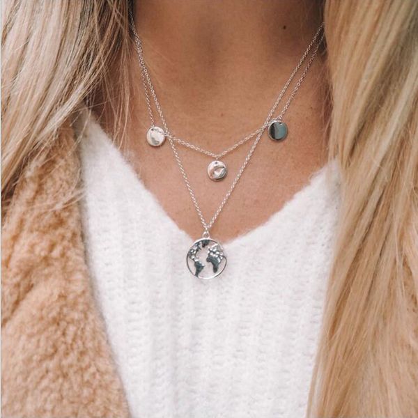 

multilayer chain necklace women bohemian style map pendant necklaces women's jewelry accessories wholesale collares kpop, Silver