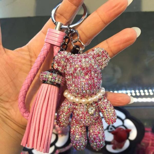

keychains 2021 luxury crystal keychain car key holder bag charm tassels leather strap ring pendant, Silver