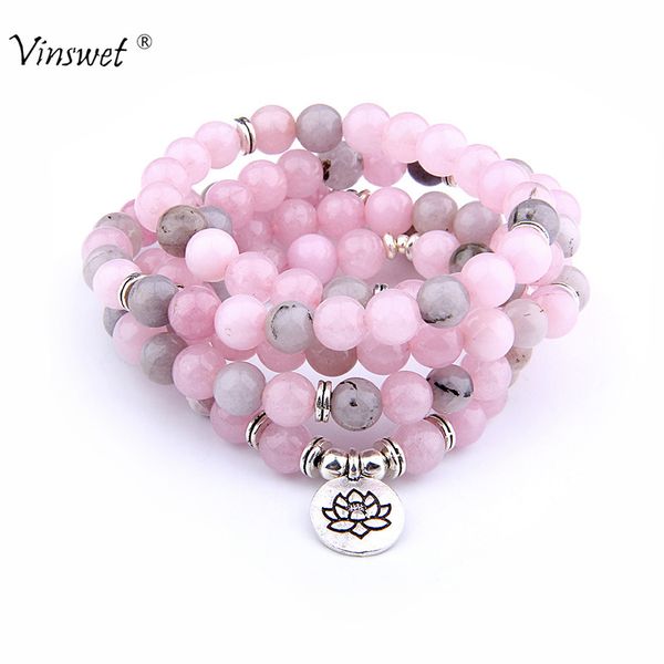 

108 beads mala bracelets necklace natural pink quartzs beads bracelet femme fashion om pendant yoga healing energy women jewelry y200730, Black