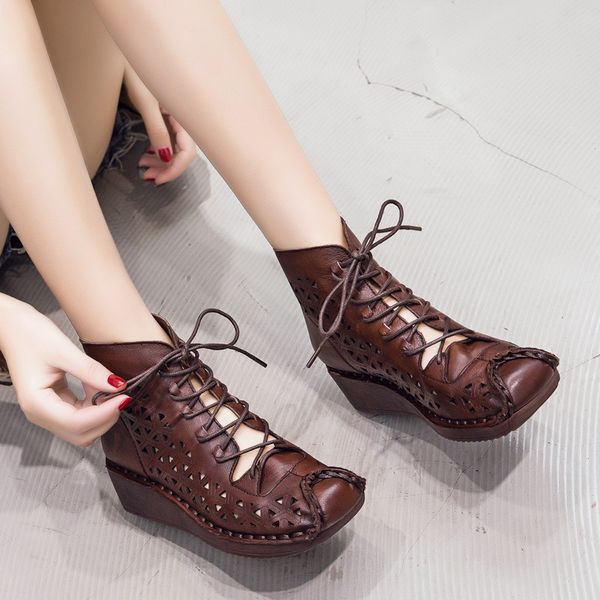 

gktinoo summer genuine leather cut outs women's sandals retro style handmade leather shoes woman wedges sandals, Black