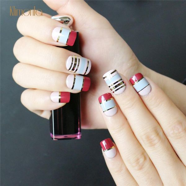 

24pcs/set building design fake nails mold tips metallic feel finger extension diy nail decoration pure soft material extend tool, Red;gold