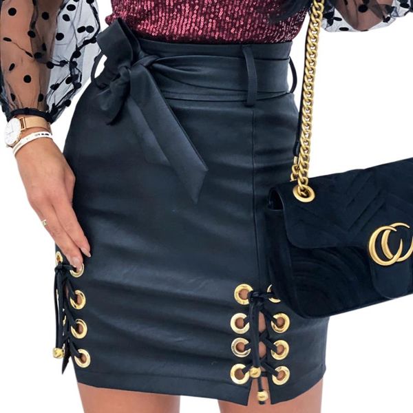 

sale faux leather skirt girls punk lace up high waist skirts womens fashion pu leather black pencil mini skirts jupe femme d30