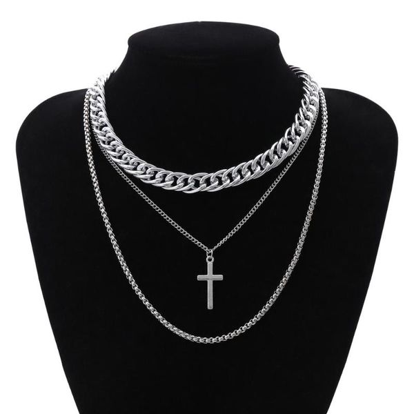 

lacteo dark gothic silver color cross pendant necklace street punk multi layer cuban chain choker necklace jewelry for men gifts