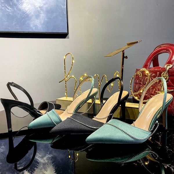 

high- heeled shoes women 2020 thin-heeled back-empty sandals fairy wind drill chain pointed shoes high heel cover heel, Black